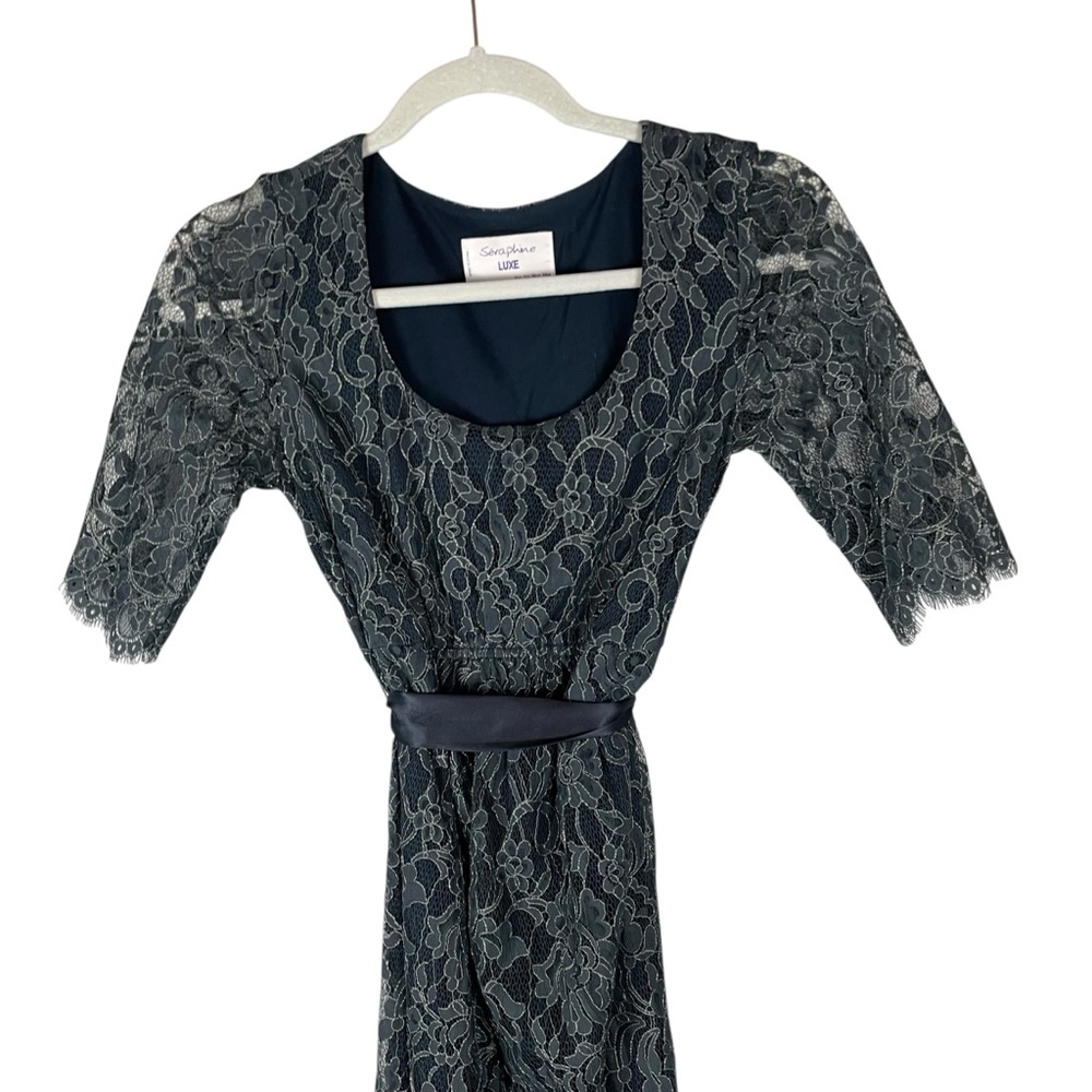 Seraphine Luxe Teal Lace Maternity Dress with Silk Sash Belt Size 2 - Picture 4 of 9